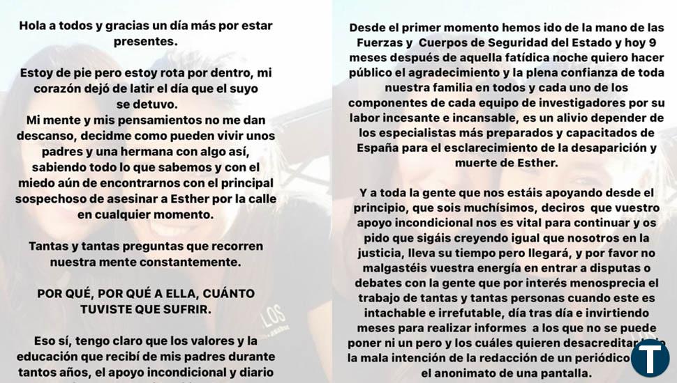 La familia de Esther agradece el "apoyo incondicional" recibido: "Os pido que sigáis creyendo igual que nosotros en la Justicia"